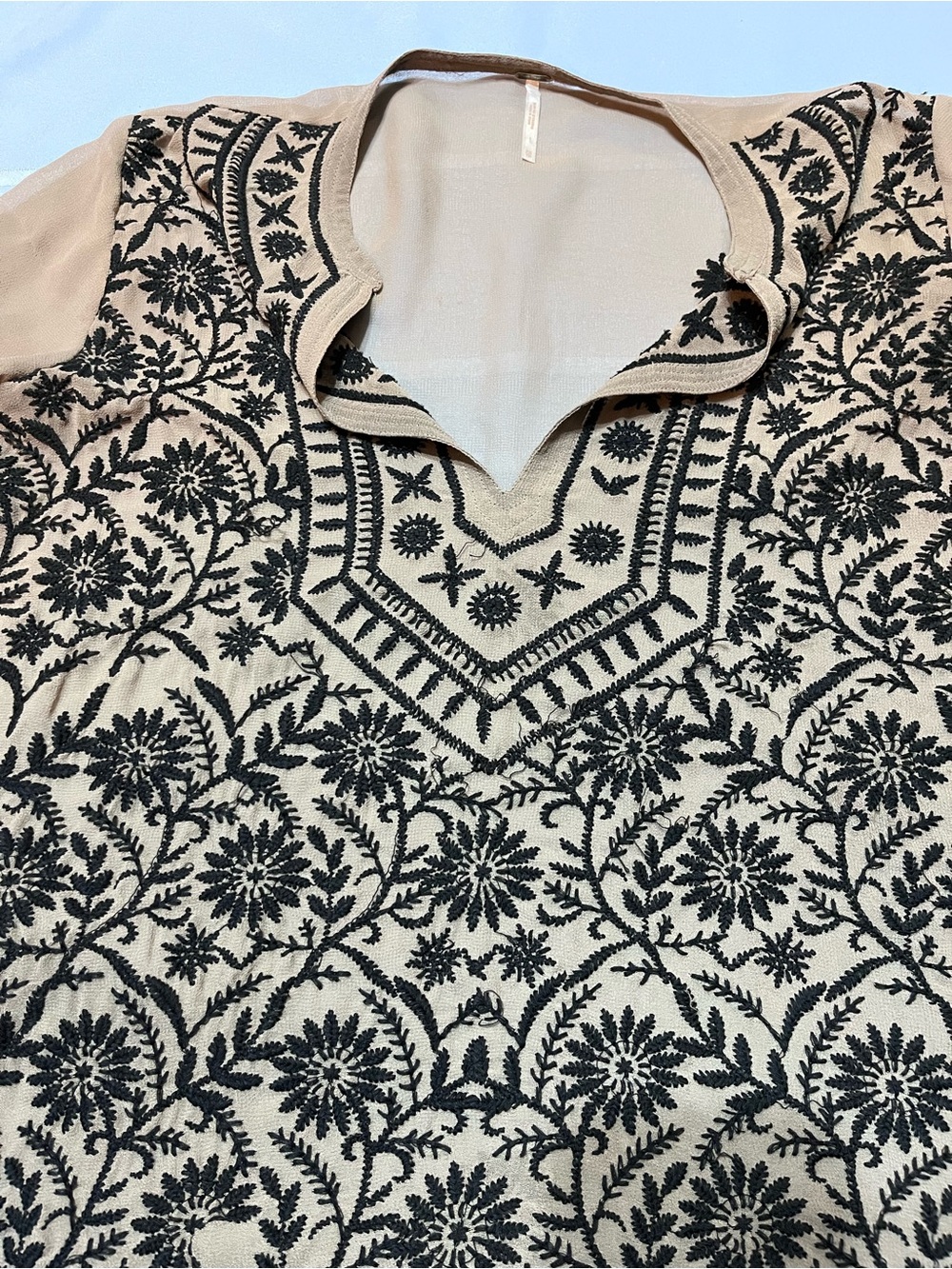 Free People Beige Tunic with Black Floral Embroidery
